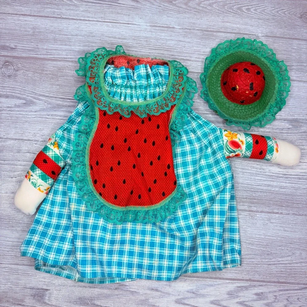 Vintage hand made porch goose outfit / clothes wicker hat and watermelon dress - Picture 6 of 6